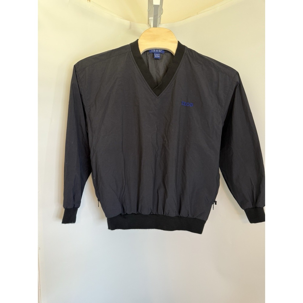 IZOD Med Pullover Windbreaker‎ Jacket Black V Neck Blue Logo Vtg Zip Pockets EUC